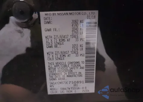 2018 Nissan Rogue Sv z USA, uszkodzony, nr VIN 5N1AT2MT7JC750891